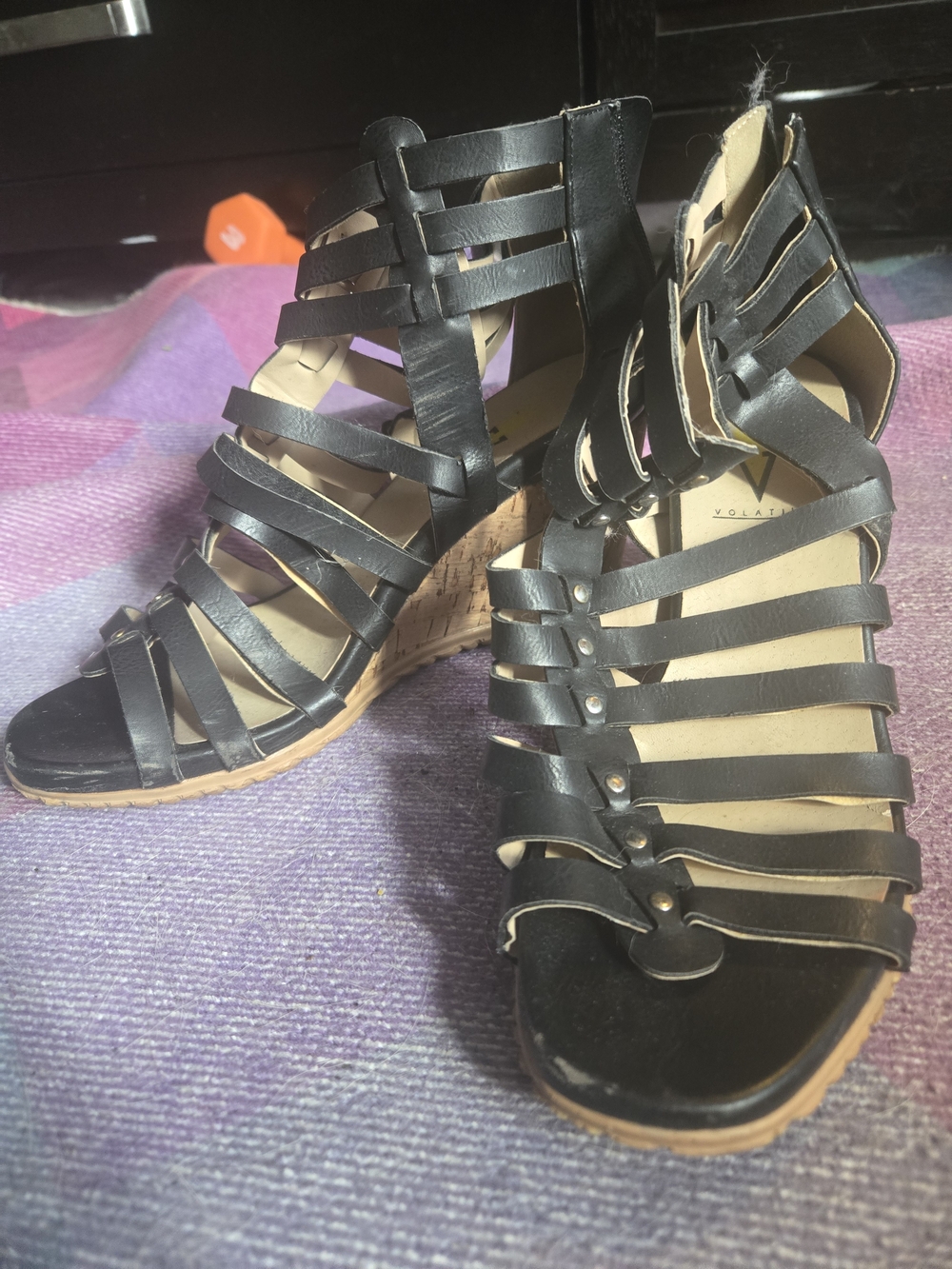 Volatile Black Multi-Strap Cork Wedge Sandals